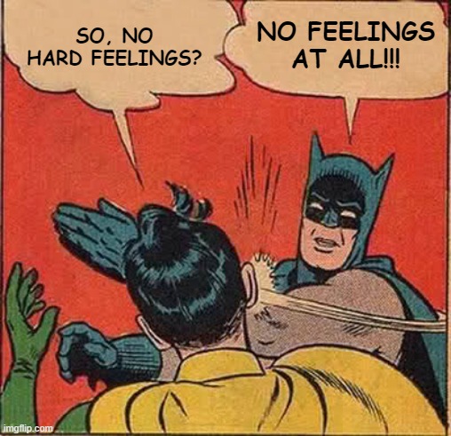 Feelings, Nothing More than Feelings | NO FEELINGS AT ALL!!! SO, NO HARD FEELINGS? | image tagged in memes,batman slapping robin | made w/ Imgflip meme maker